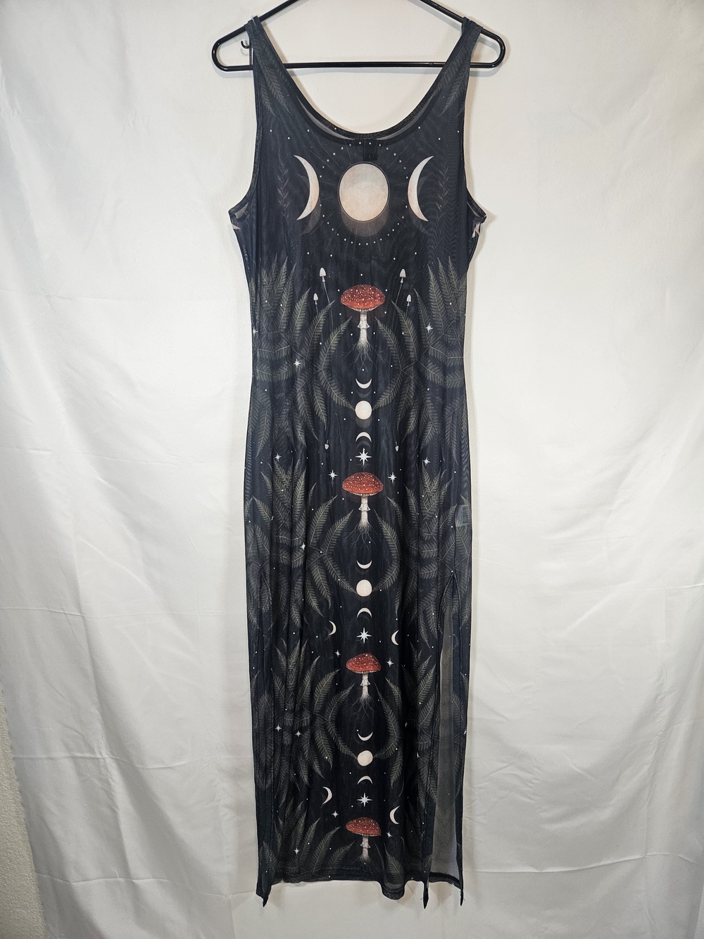 Sleeveless Black Maxi Swim Coverup with Red Mushroom Accents